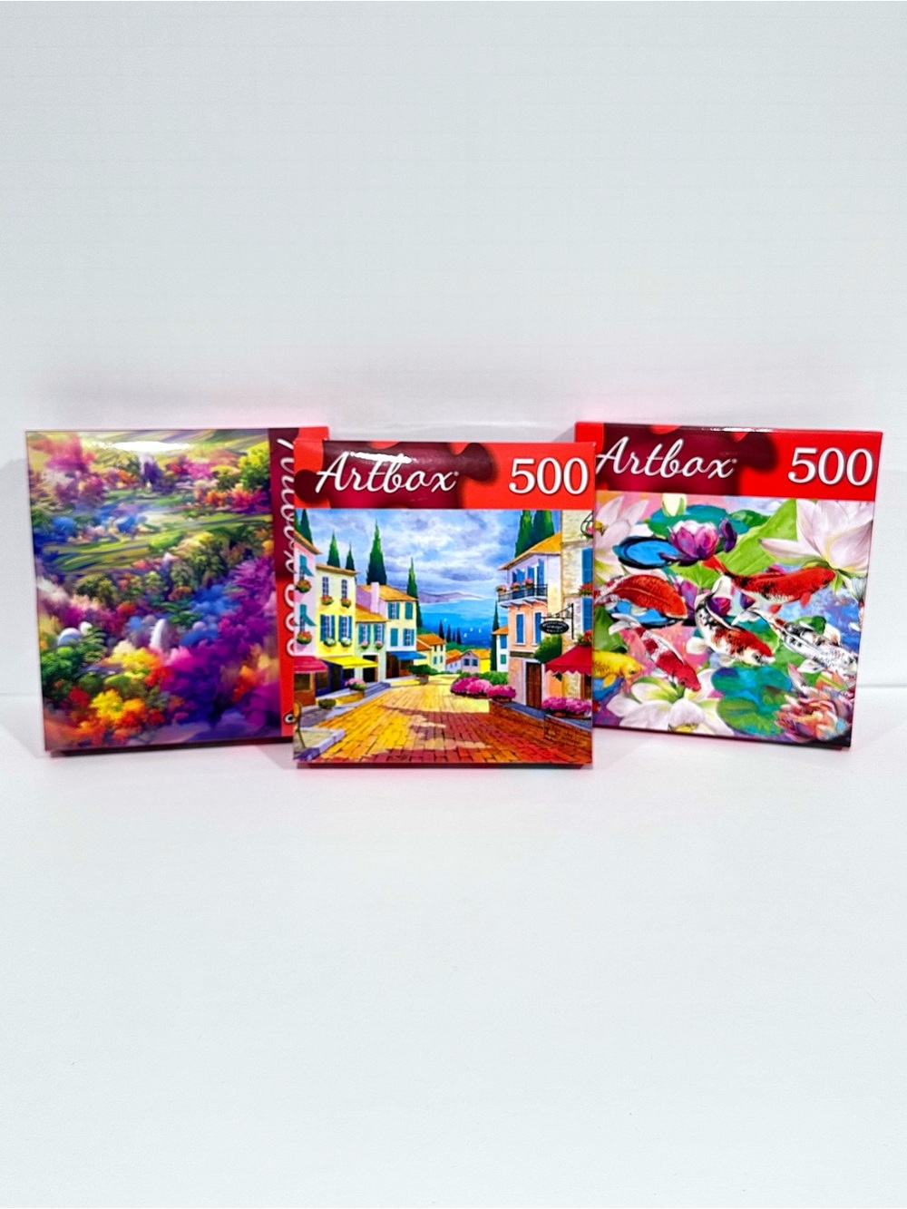 500 Piece Puzzle Bundle Artbox Koi Pond Colorful Forest & Seaside Town
